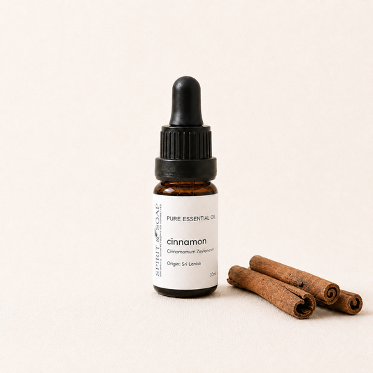 A small amber glass dropper bottle labeled 'cinnamon' with a black cap, standing on a light beige background beside two whole cinnamon sticks. The visible brand reads 'Simply Organic'.